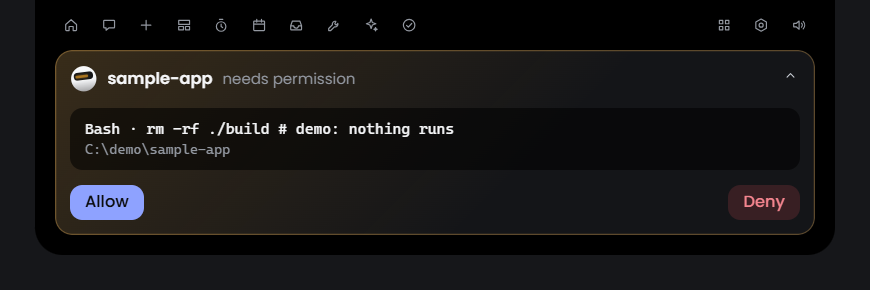 A permission card on the island: the command an agent wants to run, with Allow and Deny