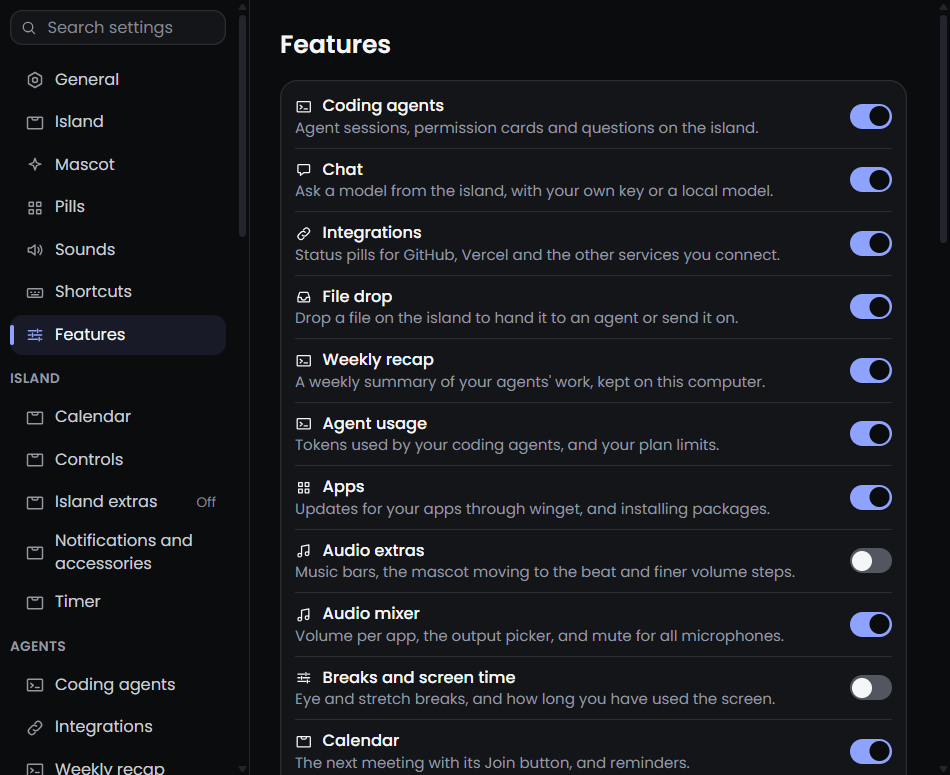 The Features page of Settings, with one switch for each feature