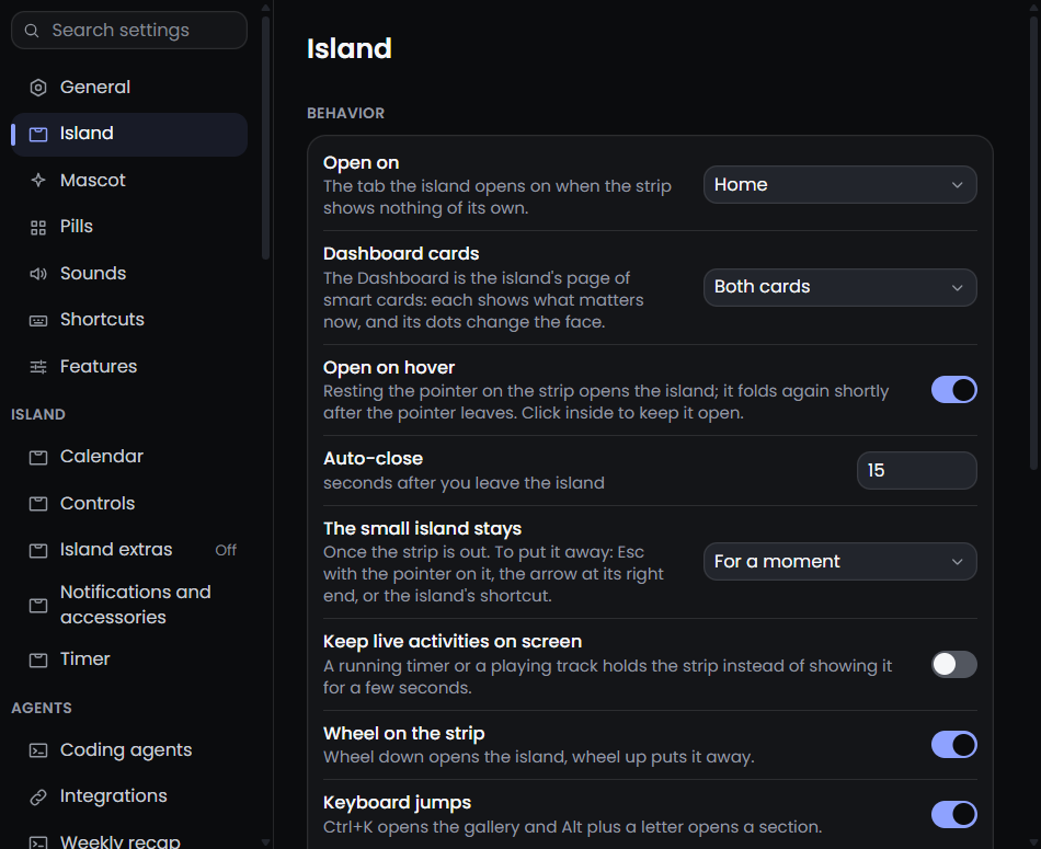 The Island page of Settings: how the island opens, stays and closes