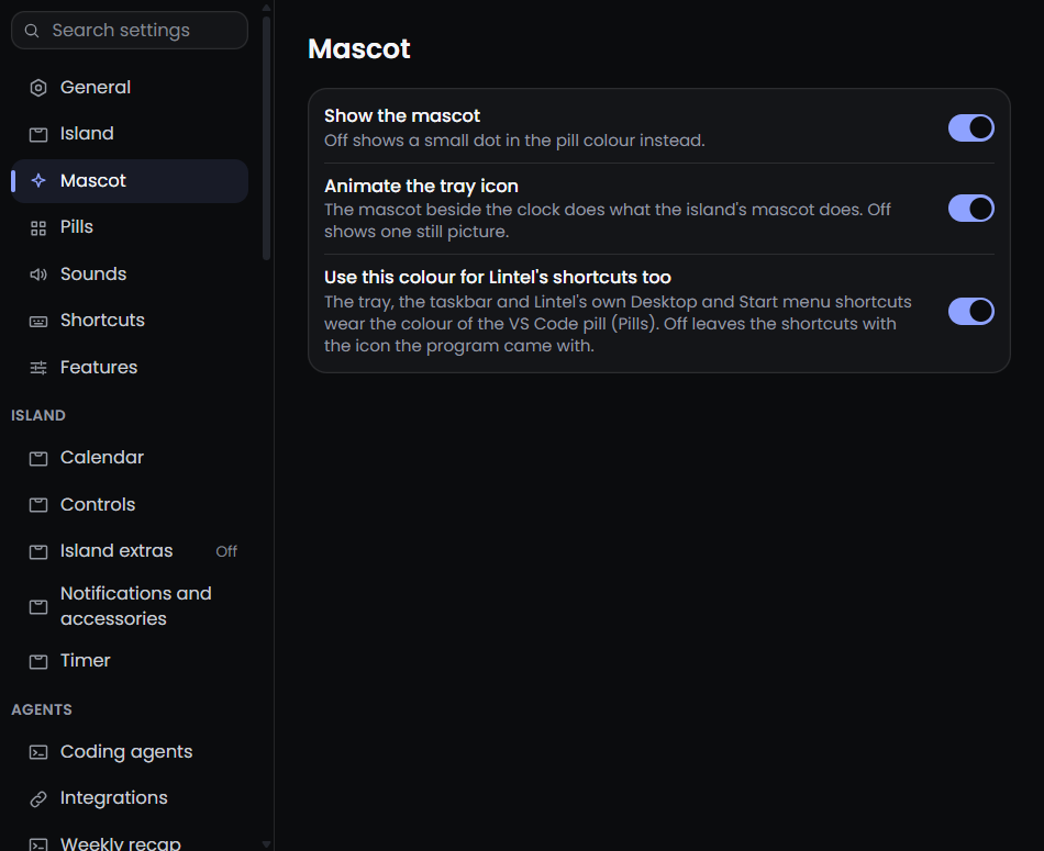 The Mascot page of Settings