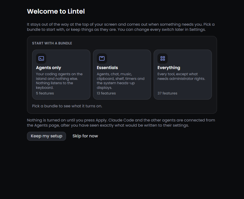 The welcome page of the first start, offering three bundles of features to begin with